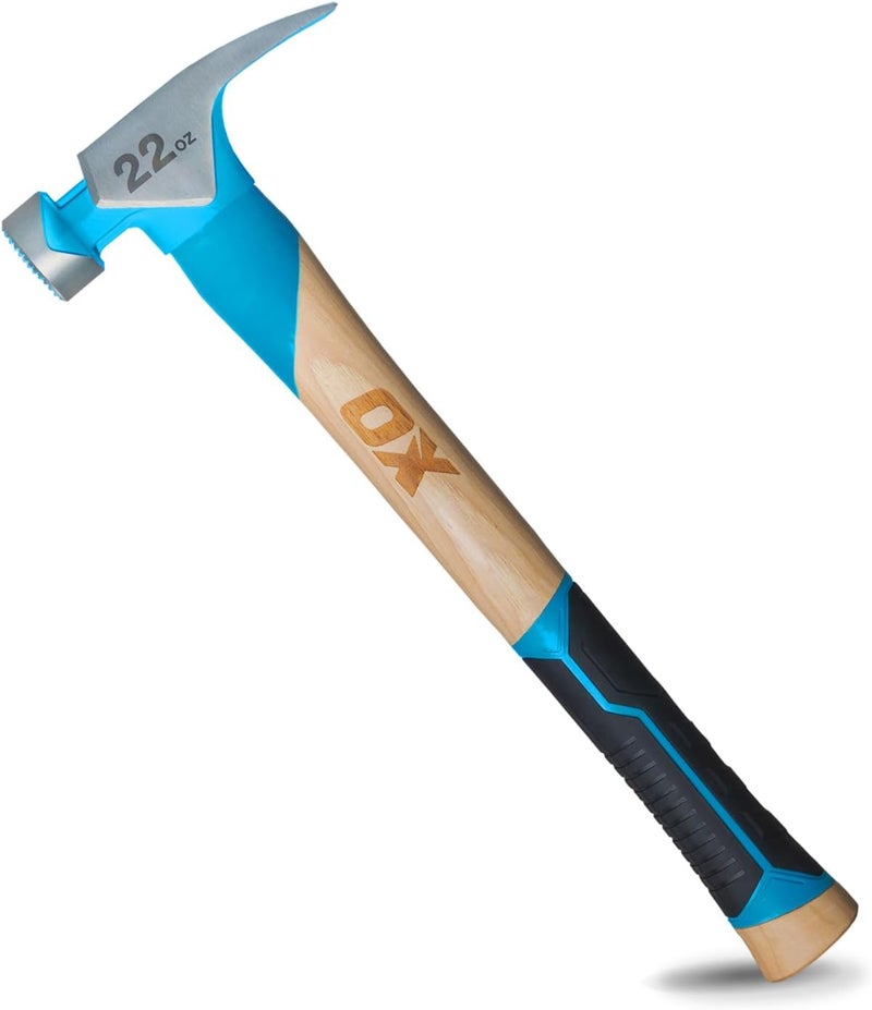 Ox Tools Pro 22oz Straight Hickory Handle Hammer with TPR Rubber Hands Grip - Hickory Framer with Magnetic Nail Starter Milled Face Nail Puller Carpenter Hammer -P089322 - Image 1